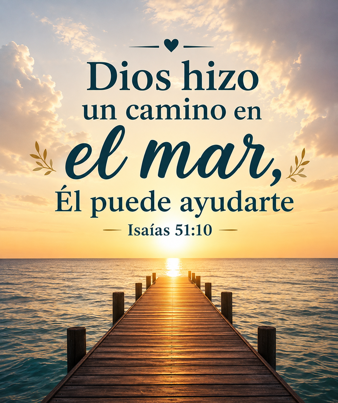 Camino de madera hacia el horizonte sobre el mar, con texto bíblico “Dios hizo un camino”.
